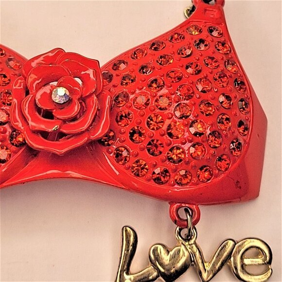 RED Bra Pendant Necklace, Rhinestones Pendant Long Necklace - Picture 7 of 9